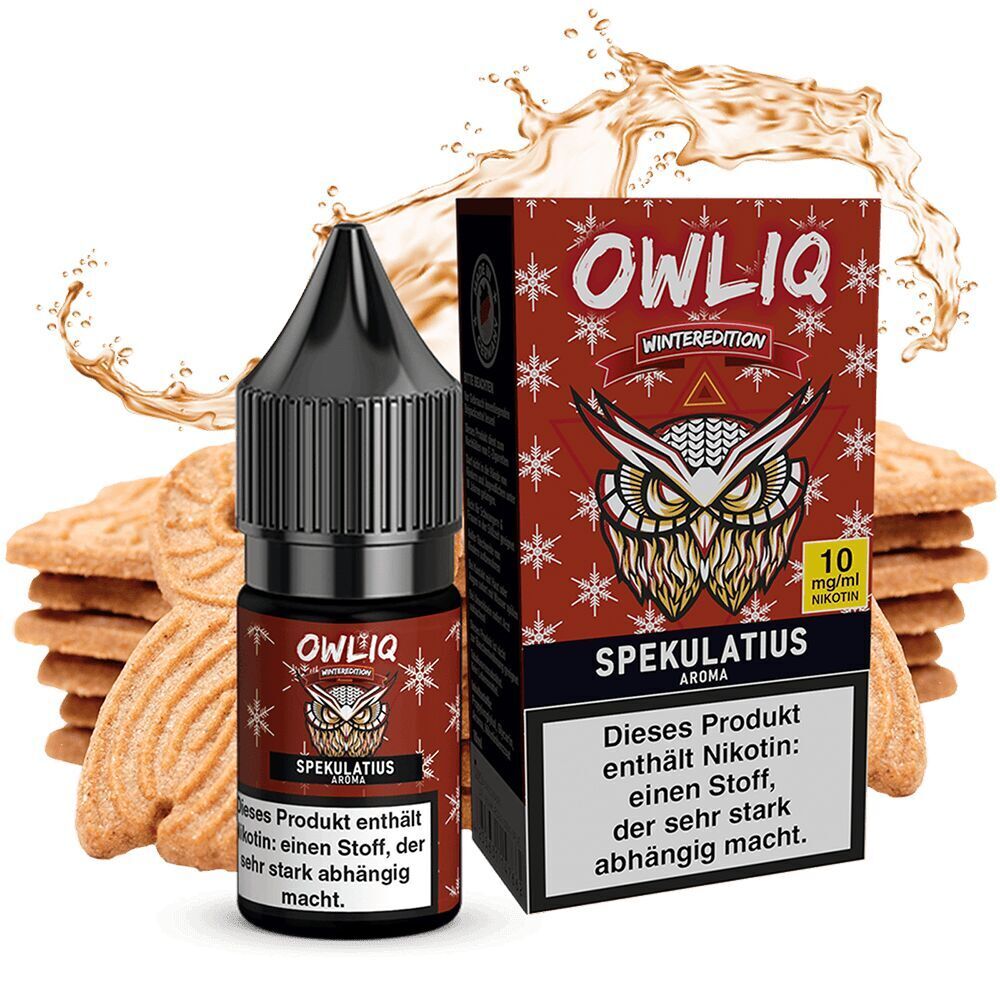 Owliq Nikotinsalz - Spekulatius Owliq Nikotinsalz Spekulatius Aroma mit winterlicher Eulen-Grafik, Dosierung 10 mg/ml Nikotin, vor Spekulatius-Keksen.