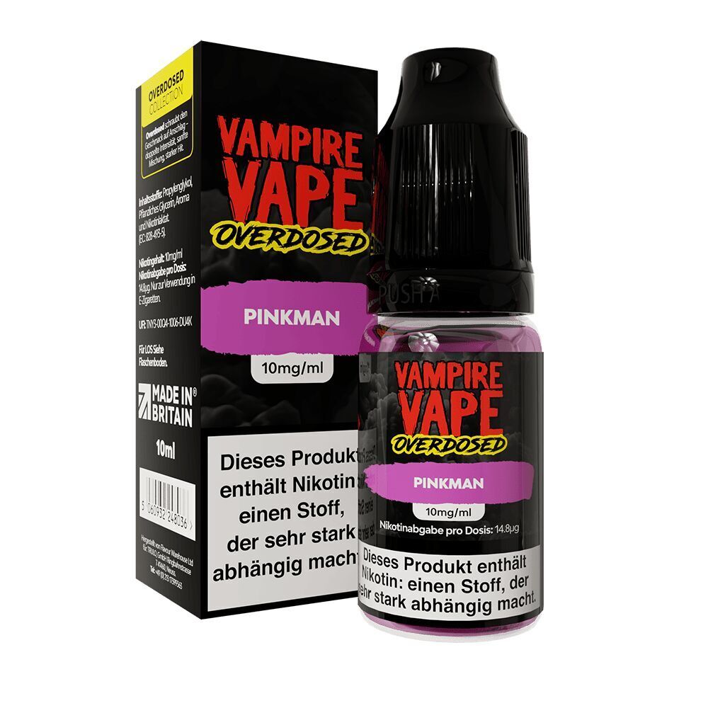 Liquid Pinkman 10mg Overdosed - Vampire Vape Nikotinsalz Vampire Vape Overdosed Nikotinsalz Pinkman 10mg Flasche und Verpackung, schwarzes Design mit lila Akzenten und Warnhinweisen