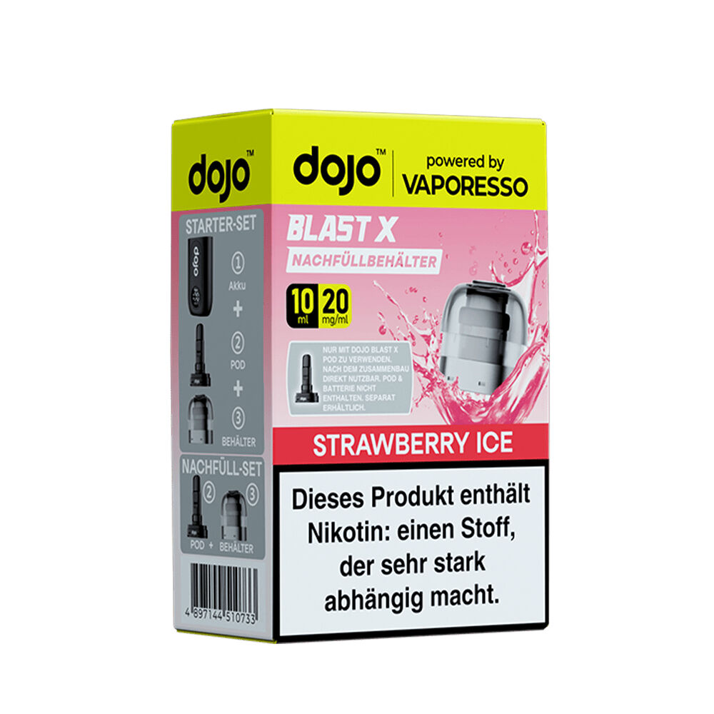 Vaporesso Dojo Blast X Pods - 20mg Nikotinsalz Verpackung der Vaporesso Dojo Blast X Pods in Strawberry Ice 20mg, mit sichtbaren Nachfüllbehältern, Nikotinwarnung und Markenlogo.