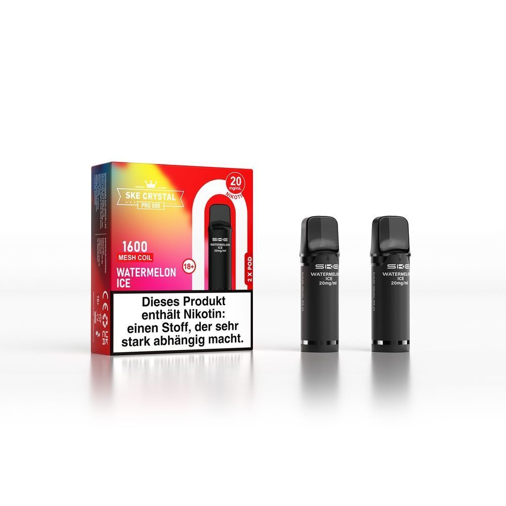 SKE Crystal 800 Pro Pods - Watermelon Ice SKE Crystal Pro Pods Watermelon Ice 20mg, zwei schwarze Pods neben bunter Verpackung mit Nikotin-Warnhinweis