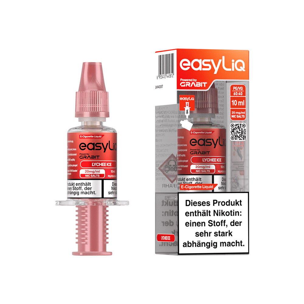 Grabit EasyLiQ Liquid - Lychee Ice 20mg Flasche und Verpackung von Grabit EasyLiQ Liquid Lychee Ice 20mg mit Warnhinweis, rote Verschlusskappe, 10ml Flascheninhalt sichtbar.