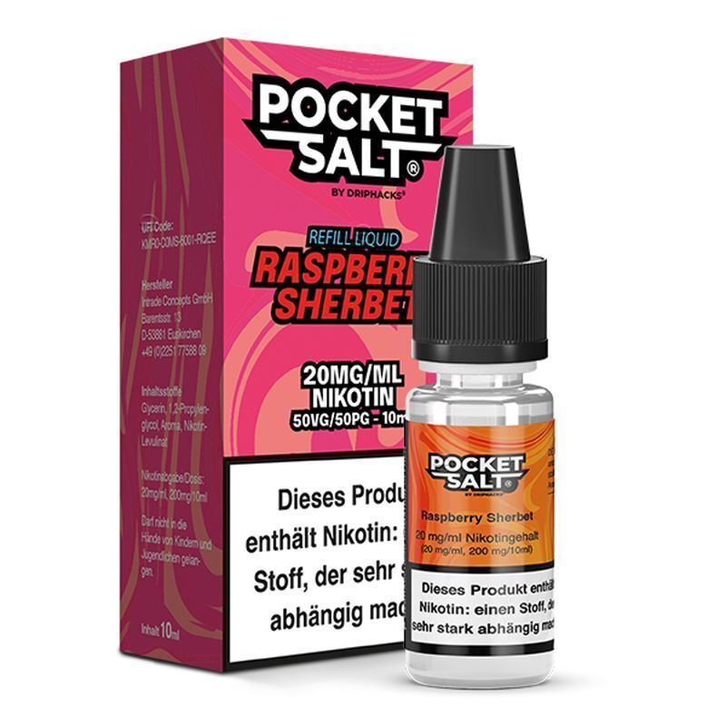 E-Liquid-Flasche und Verpackung "Pocket Salt Raspberry Sherbet" mit 20mg Nikotinsalz, Warnhinweis und Inhaltsangaben, pink-orangene Farben.