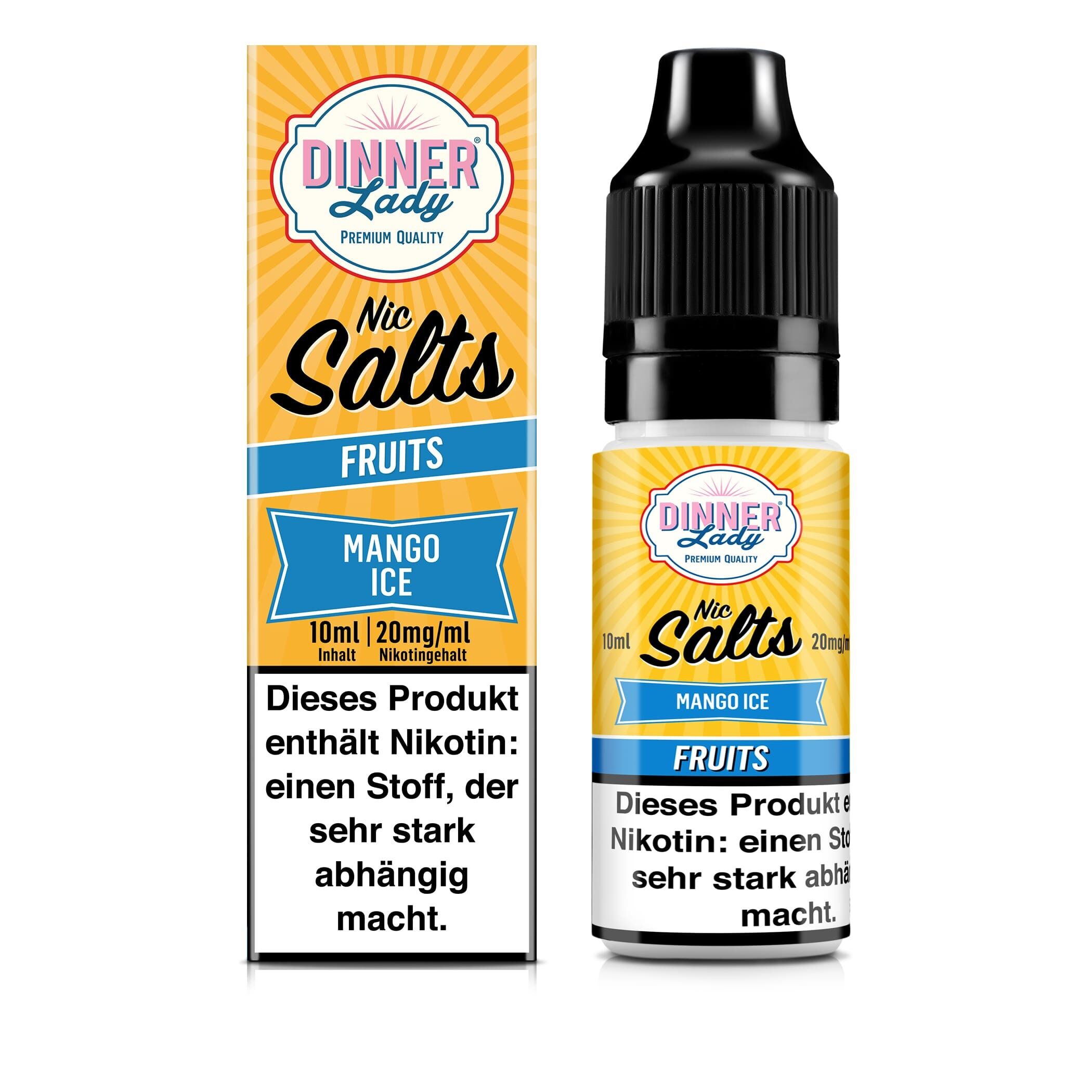 Liquid Mango Ice mit 20mg Nikotin von Dinner Lady Dinner Lady Nikotinsalz Mango Ice 20mg Flasche und Verpackung, gelbes Design, enthält Nikotin, stark abhängig machend