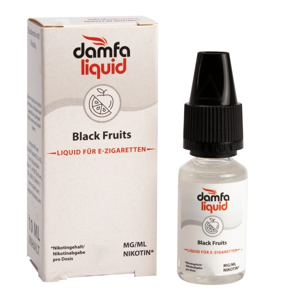 Flasche und Verpackung von Damfaliquid Black Fruits 6mg Liquid für E-Zigaretten, weiße Verpackung mit Logo und Fruchtmotiv.