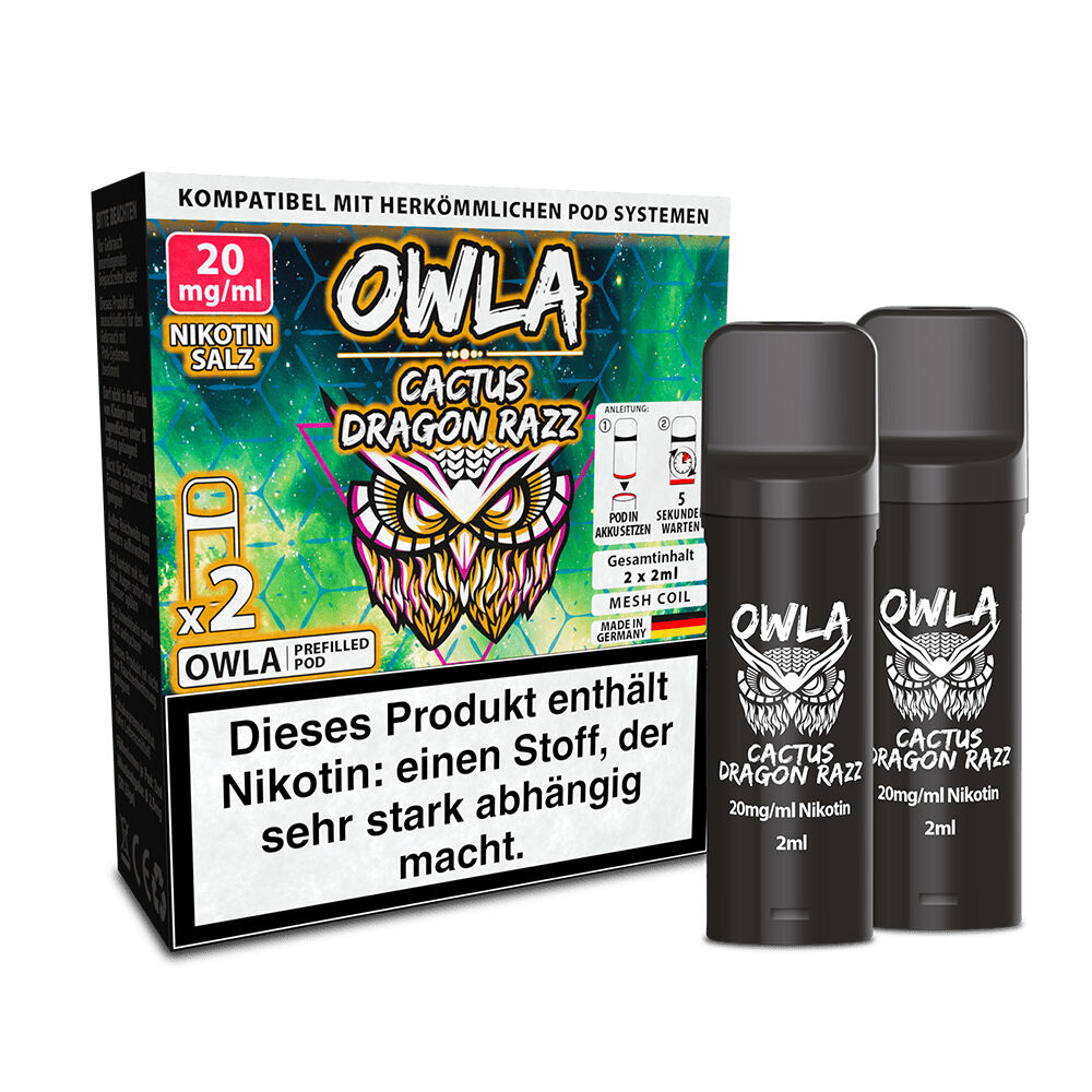 Owla Pods - Cactus Dragon Razz 20mg Verpackung mit bunter Eule für Owla Pods Cactus Dragon Razz, 20mg Nikotin, zwei schwarze Kartuschen sichtbar, Nikotin-Warnhinweis deutlich.