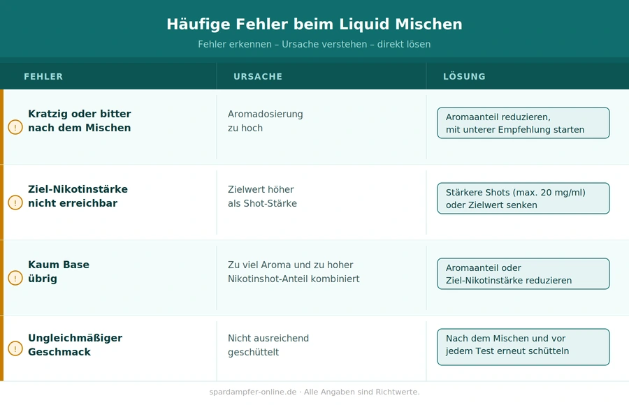 Infografik zu häufigen Fehlern beim Liquid Mischen für E-Zigaretten. Tabelle mit Problemen wie kratzigem Geschmack, nicht erreichbarer Nikotinstärke, zu wenig Base und ungleichmäßigem Geschmack inklusive Ursachen und Lösungen beim Mischen von E-Liquids