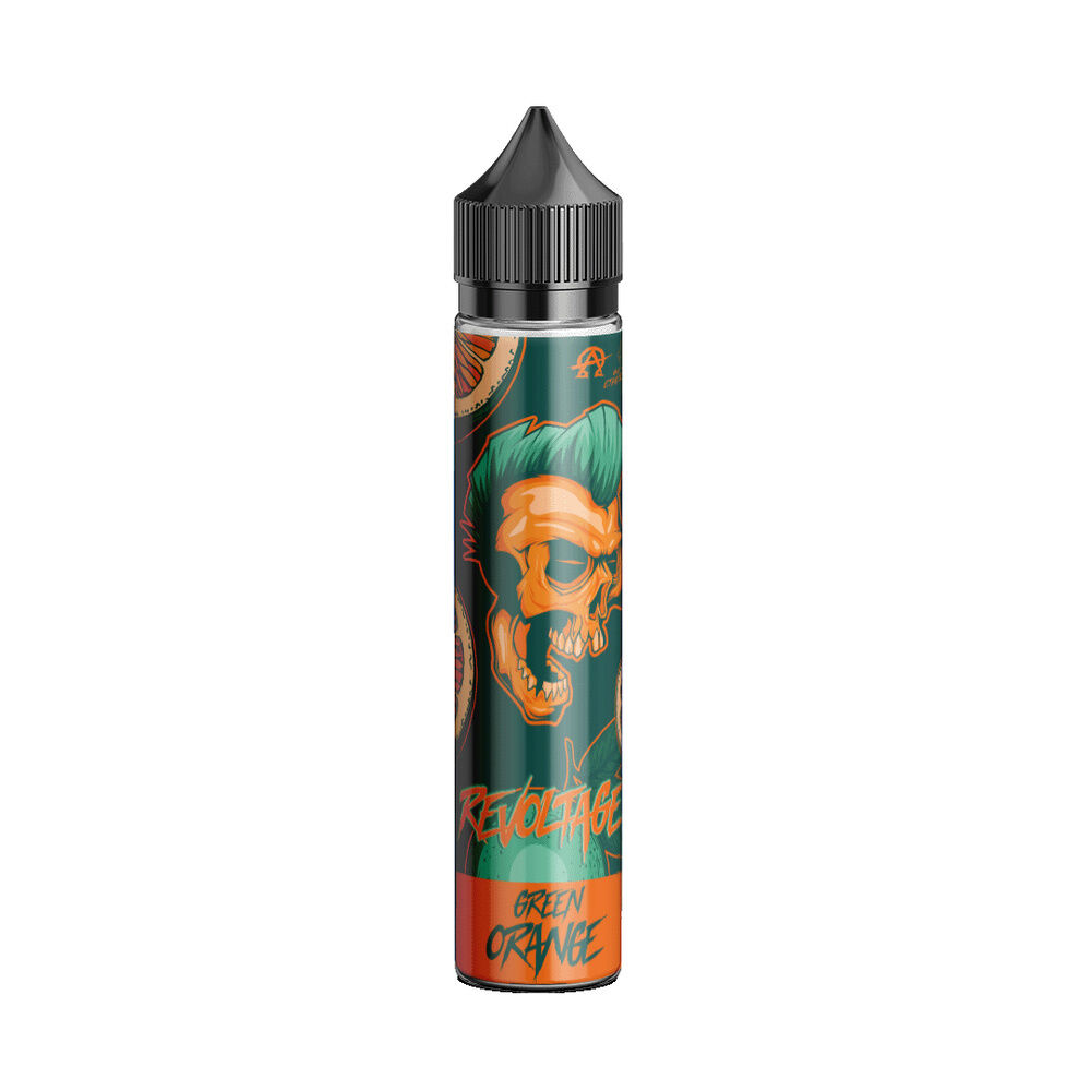 Flasche des Revoltage Longfill Aromas Green Orange mit Totenkopf-Design und Zitrusfrucht-Motiven, schwarzer Deckel