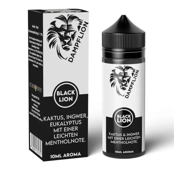 Aroma Black Lion von Dampflion Originals Flasche und Verpackung von Dampflion Originals Aroma Black Lion mit Kaktus, Ingwer, Eukalyptus und Mentholnote sichtbar.