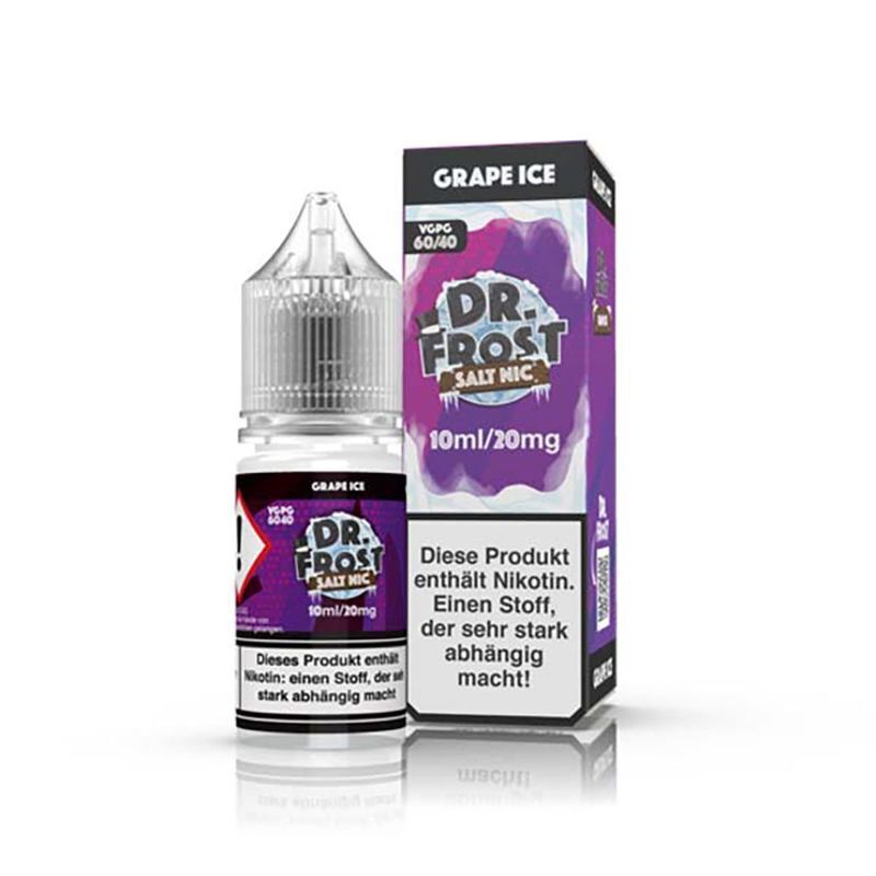 Liquid Grape Ice mit 20mg Nikotin von Dr. Frost Flasche und Karton von Dr. Frost Grape Ice Nikotinsalz 10ml/20mg mit Warnhinweis auf Nikotinabhängigkeit, lila Verpackung mit Logo und Text