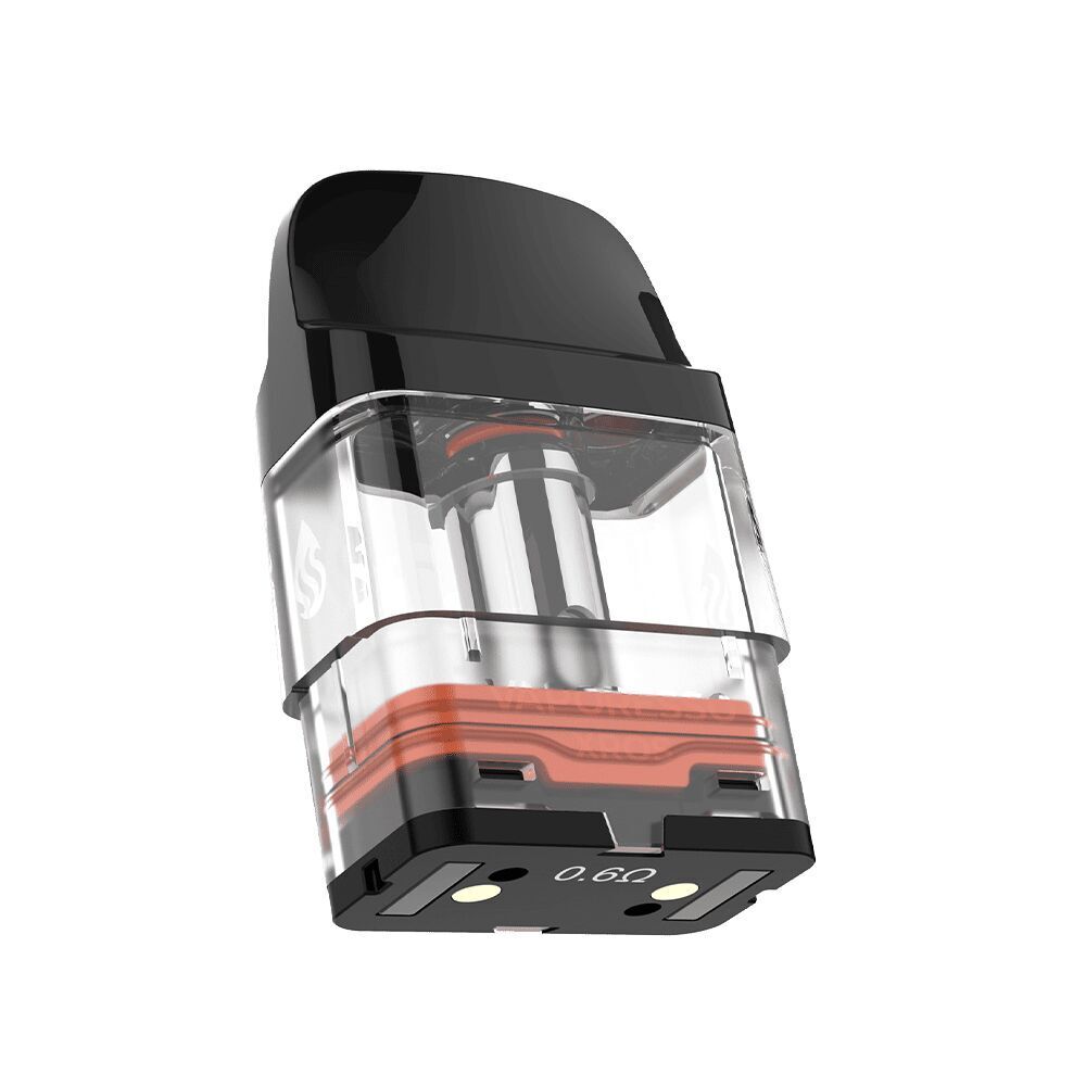 Vaporesso Xros Corex 3.0 Pods mit Coil - 0,6 Ohm Vaporesso Xros Pod mit transparenter Kammer, schwarzem Mundstück, sichtbarer Spule und rotem Dichtungsring, auf der Unterseite 0,6Ω.