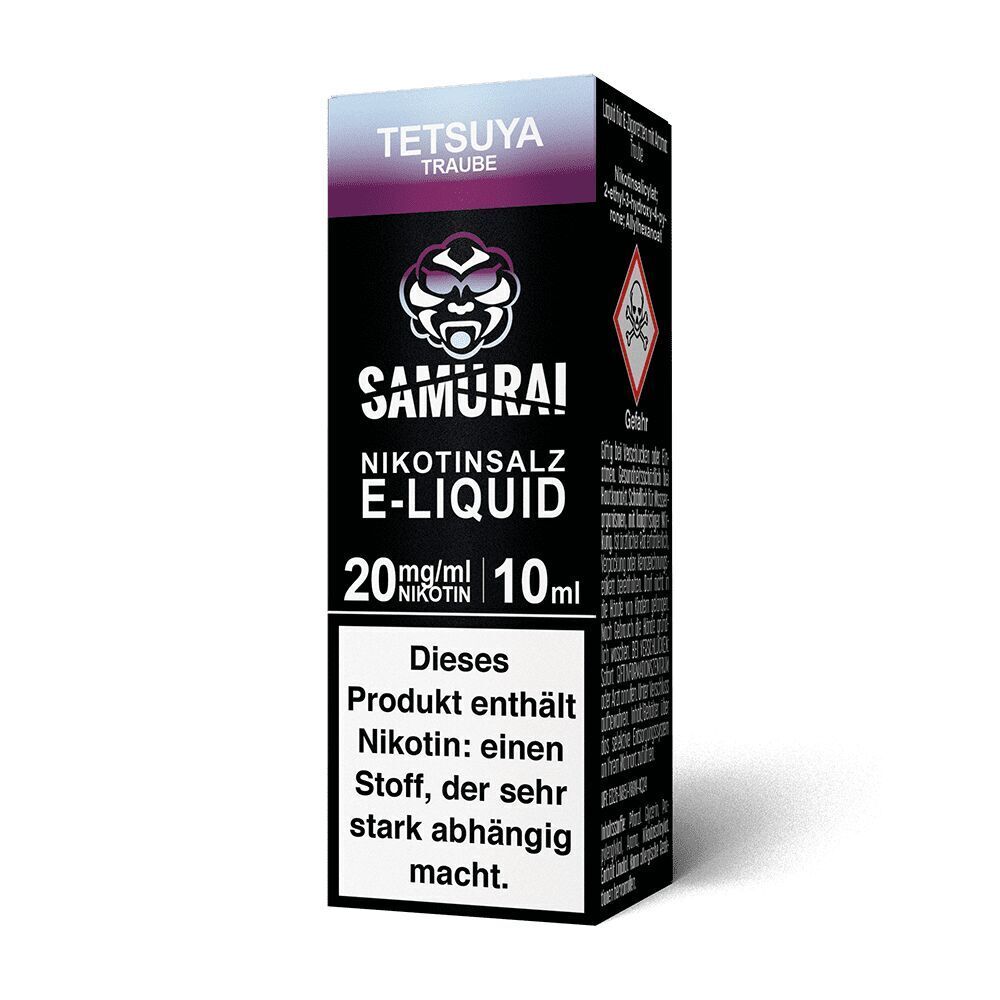 Liquid Tetsuya Traube 20mg - Samurai Schwarze Verpackung von Samurai Nikotinsalz E-Liquid Tetsuya Traube 20mg 10ml mit Warnhinweis über Nikotinsuchtpotenzial.