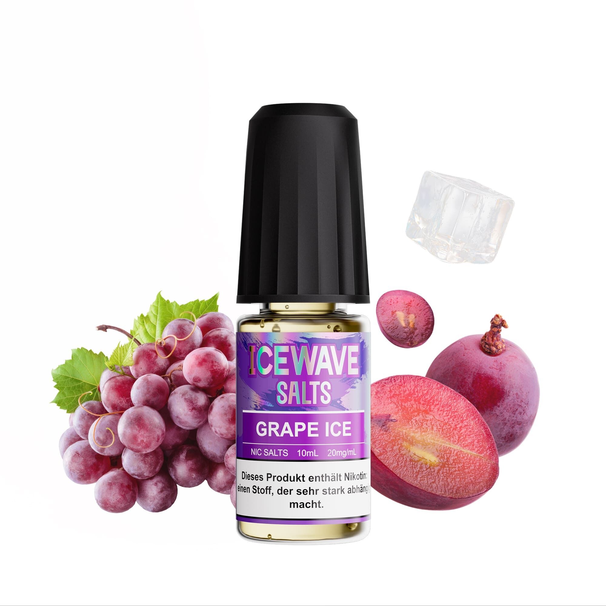 Icewave Nikotinsalz - Grape Ice 20mg Icewave Salts Flasche Grape Ice mit Trauben, Eiskristall und einer aufgeschnittenen Traube.