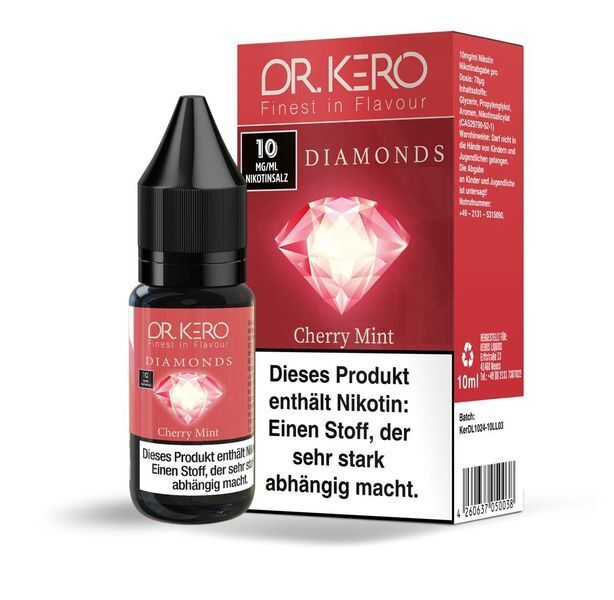 Liquid Cherry Mint mit 10mg Nikotin von Dr. Kero Diamonds v2 Dr. Kero Diamonds Cherry Mint 10mg Nikotinsalz mit Flasche und Verpackung, rote Diamanten-Grafik, Warnhinweis auf Nikotinsucht.