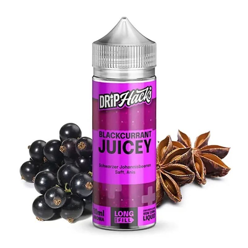 Aroma Blackcurrant Juicey von Drip Hacks Drip Hacks Aroma Blackcurrant Juicey Flasche mit schwarzem Johannisbeer-Design, daneben schwarze Johannisbeeren und Sternanis.