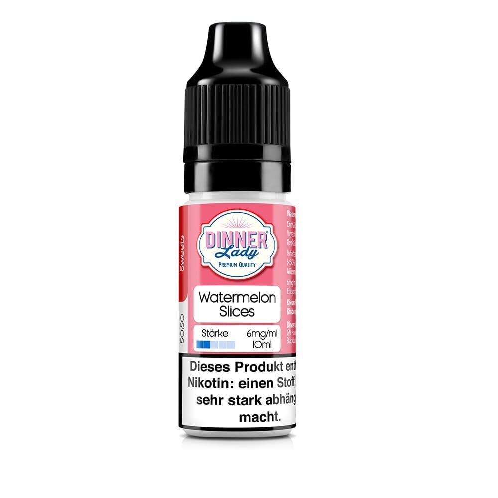 Dinner Lady Liquid Watermelon Slices Flasche mit schwarzem Verschluss, 6mg Nikotin, 10ml, rosa Produktetikett und Warnhinweis.