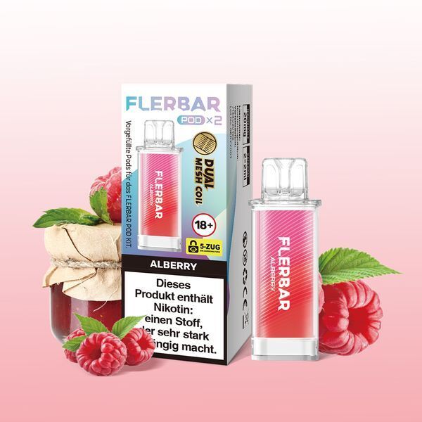 Alberry 20mg - Flerbar Pods Flerbar Pods Alberry 20mg, E-Zigaretten-Verpackung mit fruchtigem Design, Raspberry-Dekor, Warnhinweise, pinkfarbene Verpackung.