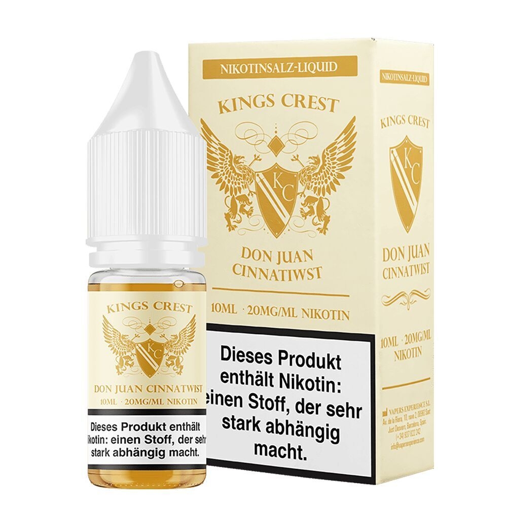 Kings Crest Nikotinsalz Don Juan Cinnatwist 20mg Flasche neben passender Verpackung mit Warnhinweis über Nikotinabhängigkeit.