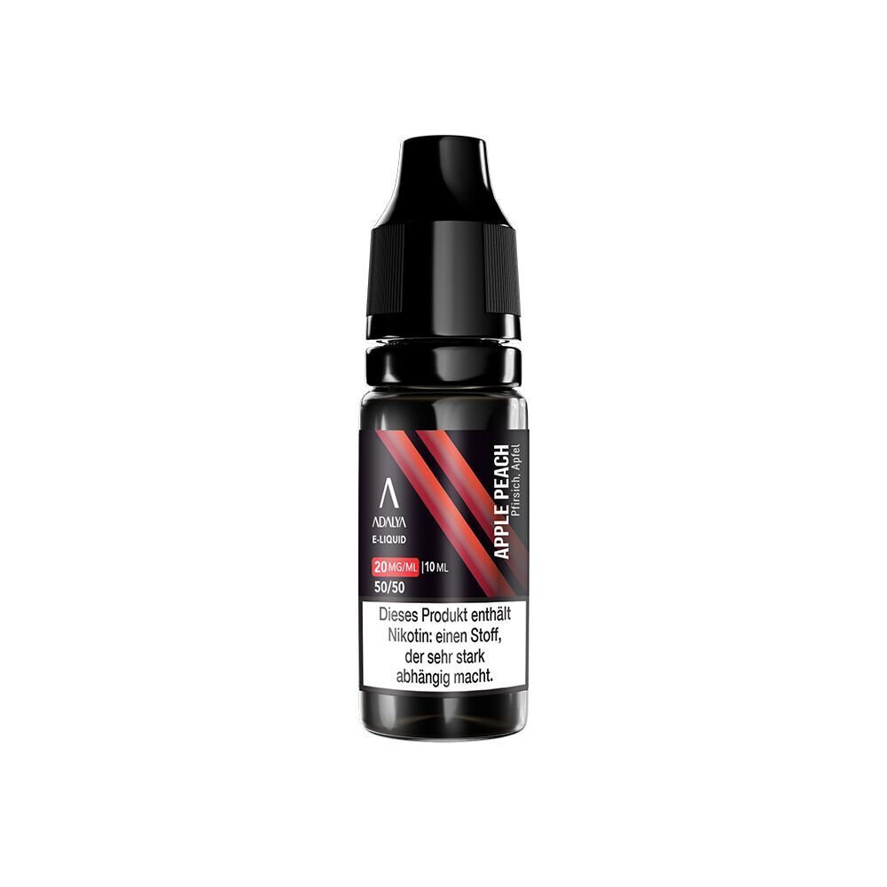 Liquid Apple Peach 20mg - Adalya Nikotinsalz Schwarze Flasche Adalya Nikotinsalz Apple Peach 20mg, mit rotem Etikett und Warntext über Nikotinabhängigkeit, E-Liquid 50/50, 10 ml.