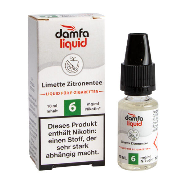 Liquid Limette Zitronentee 6mg - damfaliquid Damfaliquid Limette Zitronentee für E-Zigaretten, 10 ml Flasche mit 6 mg/ml Nikotin, Verpackung zeigt Warnhinweis über Abhängigkeit.