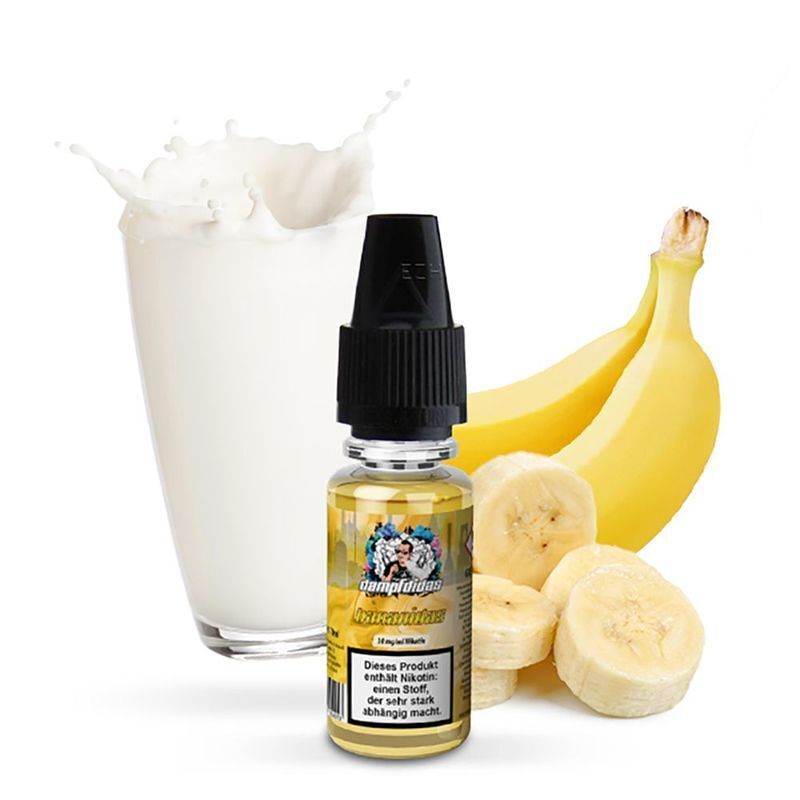 Liquid Bananidas mit 10mg Nikotin von Dampfdidas Dampfdidas Bananidas Nikotinsalz 10mg Flasche vor einem Milchglas und geschnittenen Bananen, im Hintergrund eine ganze Banane.