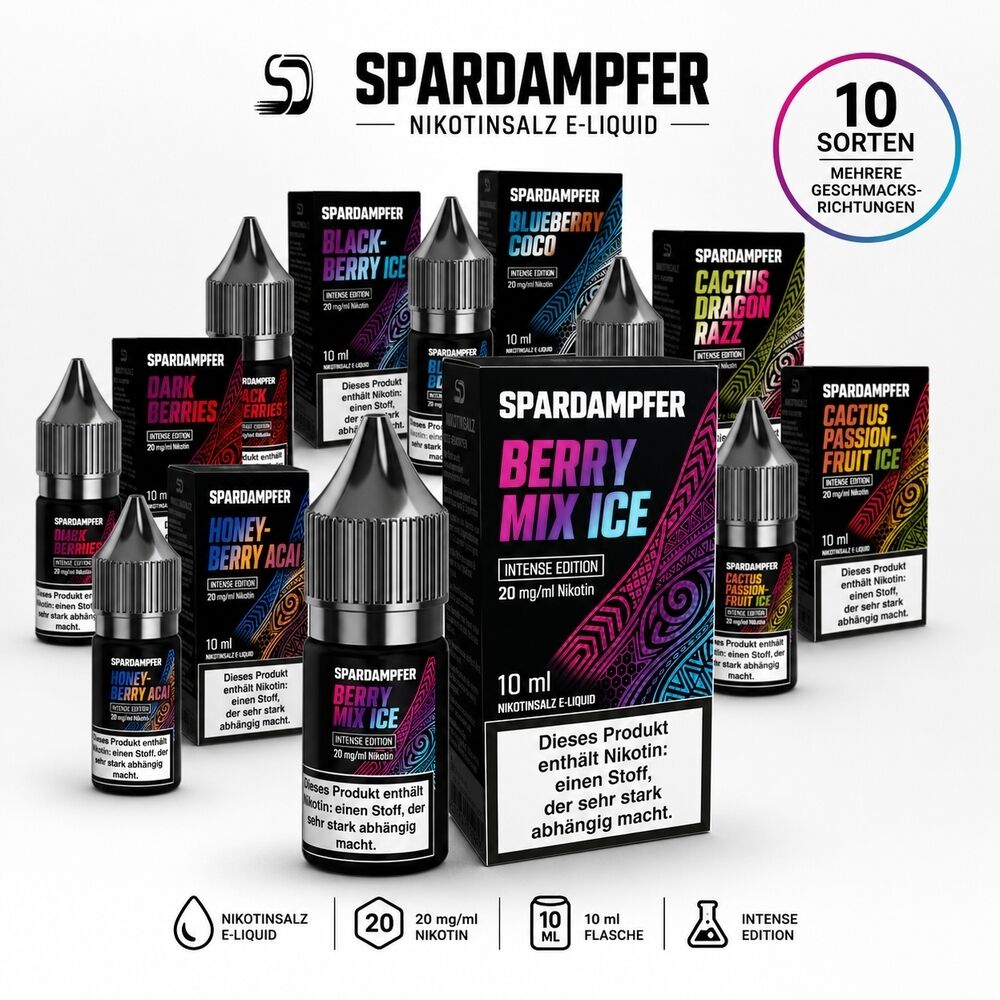 Spardampfer-Nikotinsalz-Liquids-20mg-Nikotin.jpg Mehrere Flaschen Spardampfer Nikotinsalz-E-Liquid, Sorten wie Berry Mix Ice und Cactus Dragon Razz sichtbar, 20 mg/ml Nikotin.