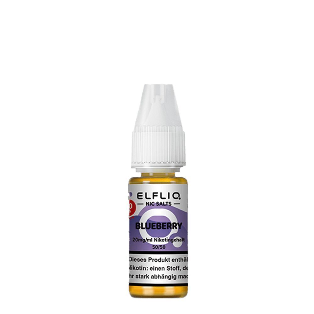 Elfliq Nikotinsalz - Blueberry 20mg Flasche Elfliq Nikotinsalz Blueberry 20mg mit lila Etikett und weißem Verschluss, Text mit Nikotinhinweis sichtbar.