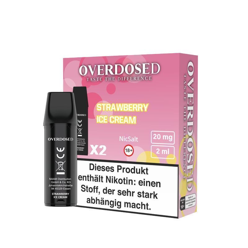 Strawberry Ice Cream 20mg - Overdosed Pods Ein schwarzes Overdosed Pod vor einer rosa Verpackung mit der Aufschrift "Strawberry Ice Cream 20mg", Nikotinhinweis darunter.