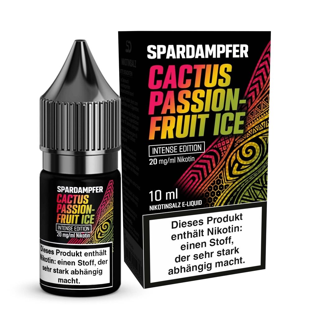 Spardampfer-Nikotinsalz-Cactus-Passionfruit-Ice-20mg.jpg Spardampfer Cactus Passionfruit Ice Nikotinsalzflasche und Verpackung mit Farbverlauf; Warnhinweis auf Nikotinabhängigkeit sichtbar