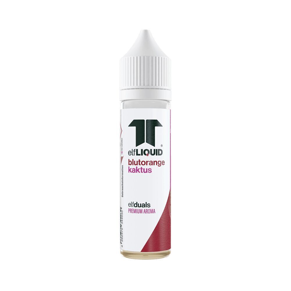 Elf Liquid Aroma - Kaktus Blutorange Elf Liquid Aroma Flasche mit Aufschrift "blutorange kaktus", weißer Deckel, elfluids Premium Aroma, schlichte Verpackung.