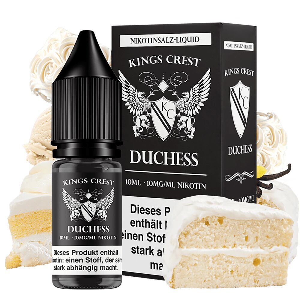 Kings Crest Nikotinsalz - Duchess Kings Crest Nikotinsalz-Liquid Duchess 10mg Flasche und Verpackung, verziert mit Vanille, Sahne und Kuchen im Hintergrund.