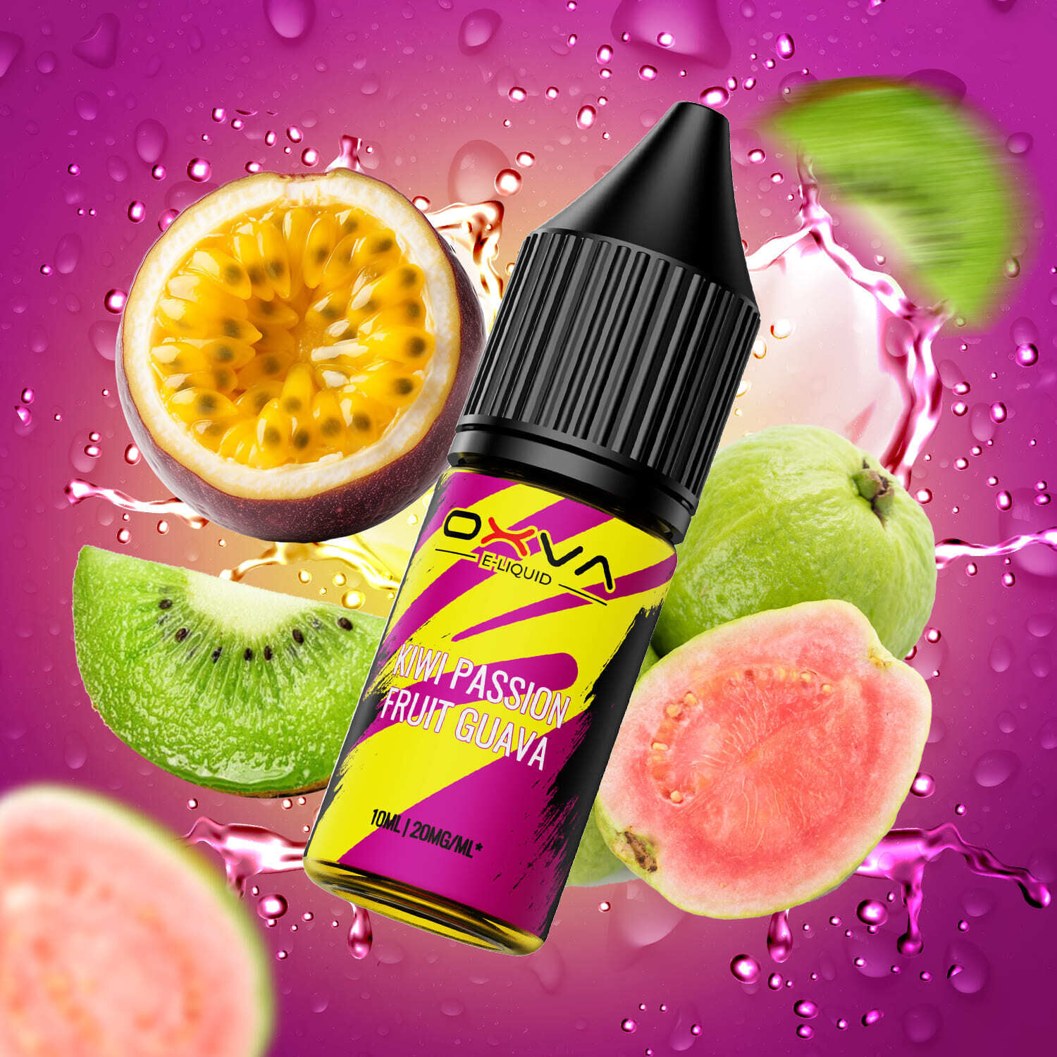 Oxva Nikotinsalz-Flasche mit Kiwi Passion Fruit Guava-Geschmack, umgeben von halber Passionsfrucht, Kiwi und Guave auf pinkem Hintergrund.