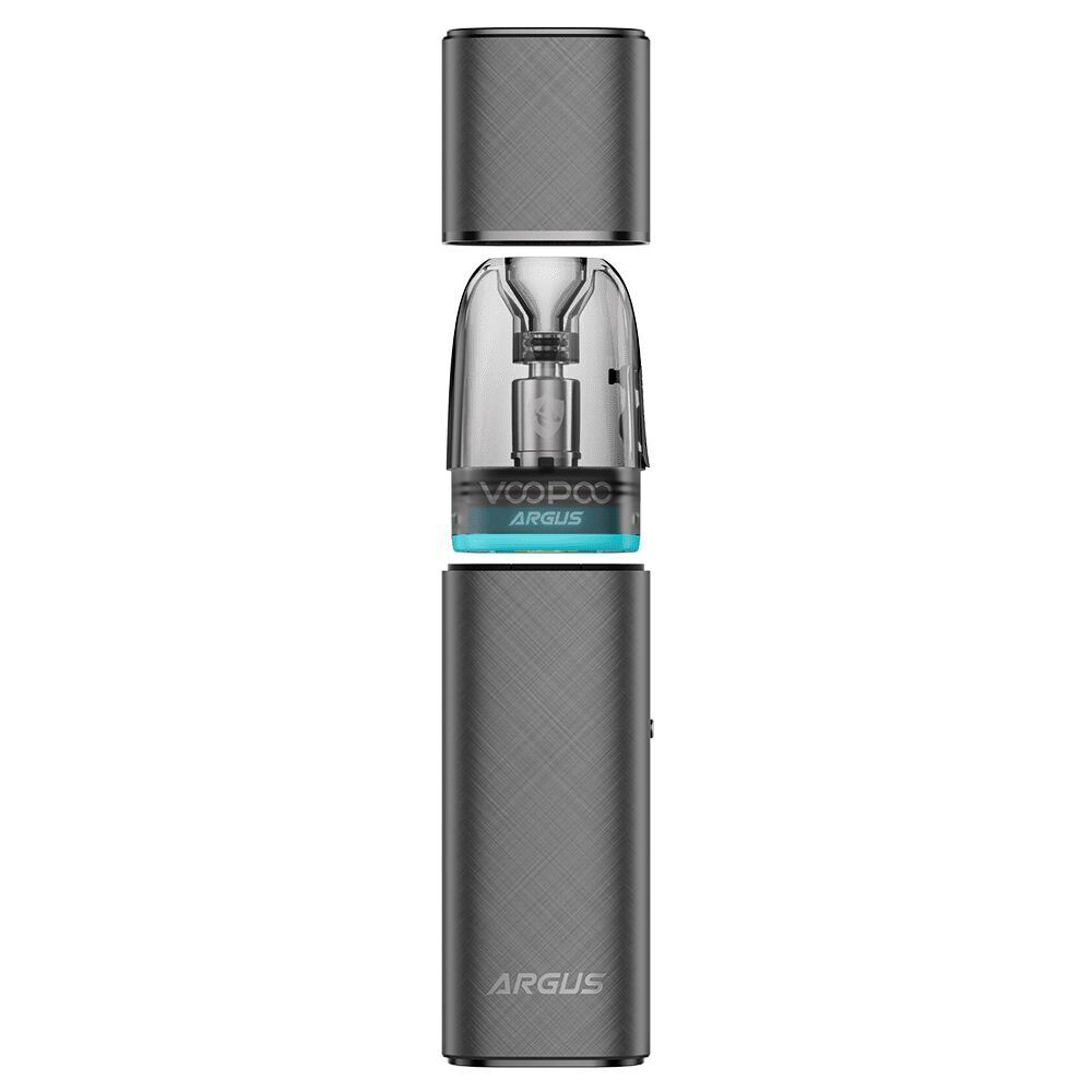 Voopoo Argus Klyc Pod Kit - Mystic Gray Voopoo Argus Klyc Pod Kit in Mystic Gray mit transparentem Pod und sichtbarem Argus-Logo, zylinderförmiges Design in Grau.