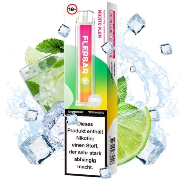 Mojito Plum mit 20mg Nikotin Flerbar E-Shisha Flerbar Mojito Plum 20mg Einweggerät mit buntem Verlauf, Eiswürfel, Limettenscheibe, Minzblättern, Warnhinweis zu Nikotin