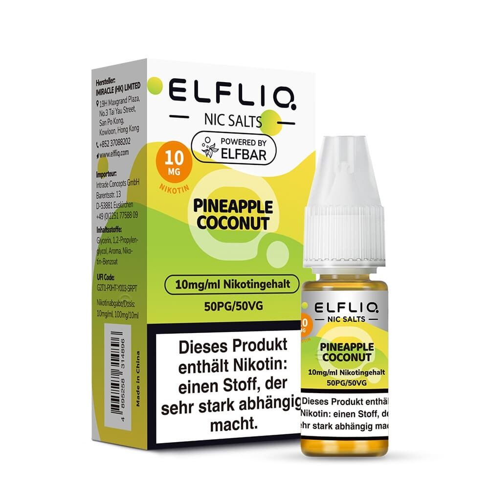 Elfliq Nikotinsalz - Pineapple Coconut 10mg Elfliq Nikotinsalz Pineapple Coconut E-Liquid 10mg/ml, Verpackung und Flasche, Hinweis auf Nikotingehalt sichtbar, grüne und gelbe Farben