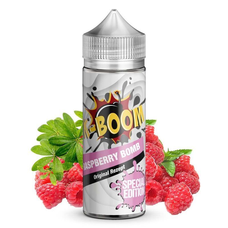 Aroma Raspberry Bomb von K-Boom K-Boom Aroma Raspberry Bomb Flasche vor frischen Himbeeren und grünen Blättern, mit Aufschrift "Original Rezept" und "Special Edition"