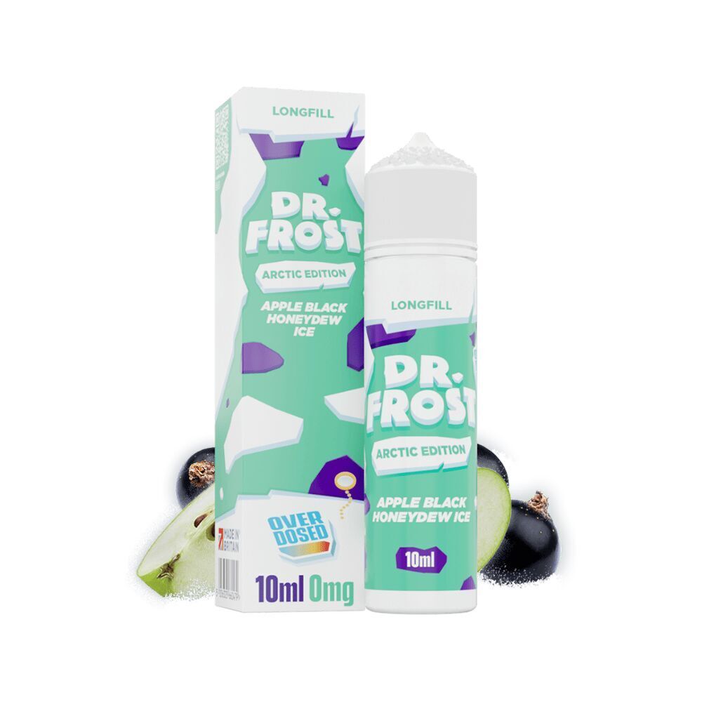 Aroma Apple Black Honeydew Ice - Dr. Frost Dr. Frost Aroma, Arctic Edition, Apple Black Honeydew Ice 10ml Flasche und Box mit Apfelhälfte und schwarzen Johannisbeeren.