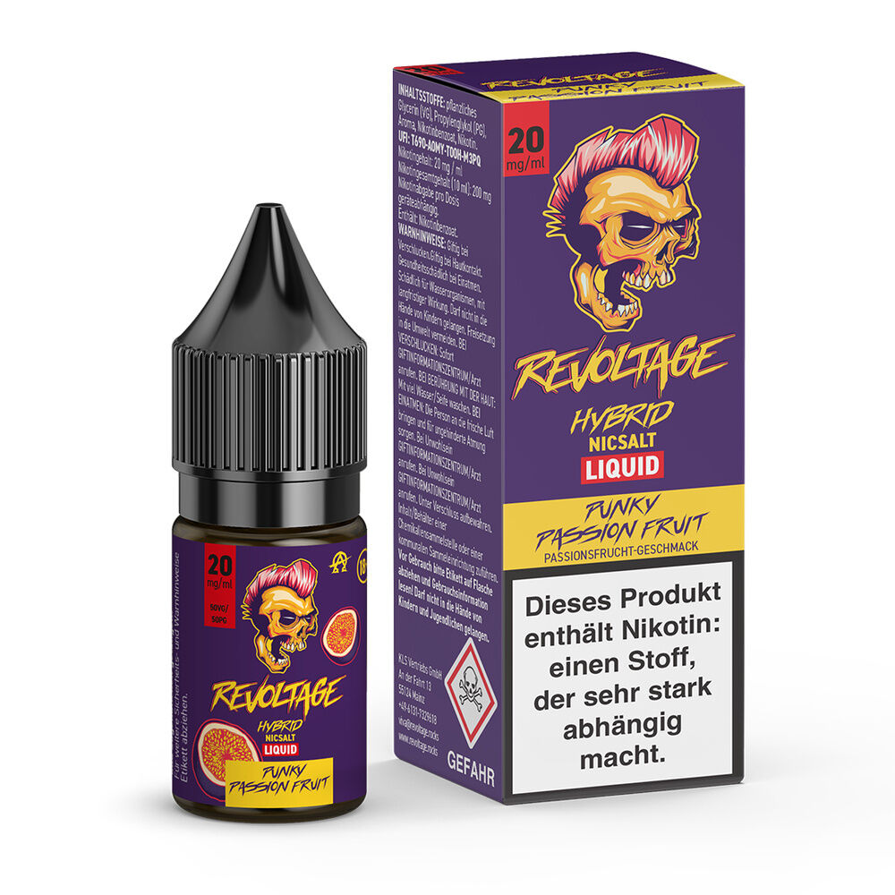 Revoltage Hybrid Liquid, Punky Passion Fruit, 20 mg/ml, Flasche und Verpackung mit Totenkopf-Design und Warnhinweis auf Nikotin.