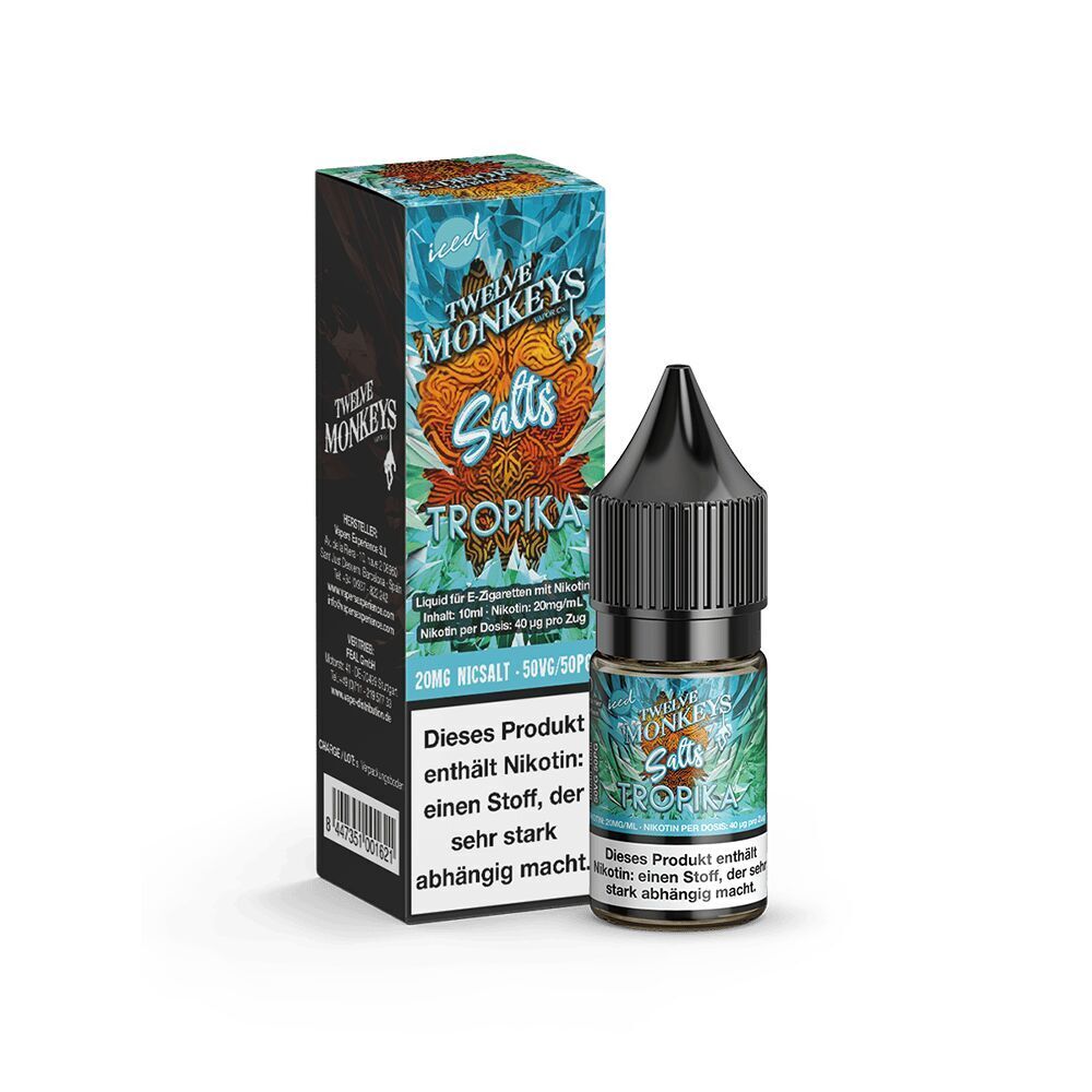 Liquid Tropika 20mg - Twelve Monkeys Flasche und Verpackung von Liquid Twelve Monkeys Salts Tropika mit Nikotin, florales Design, 20mg Stärke, Gesundheitswarnhinweis sichtbar