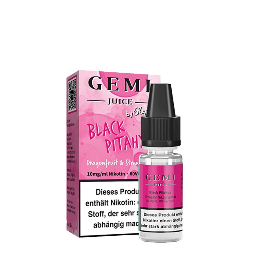 Kapkas Gemi Juice Nikotinsalz Black Pitahya 10mg mit Verpackung und Flasche, auffällig pinke Gestaltung und Warnhinweis über Nikotingehalt.