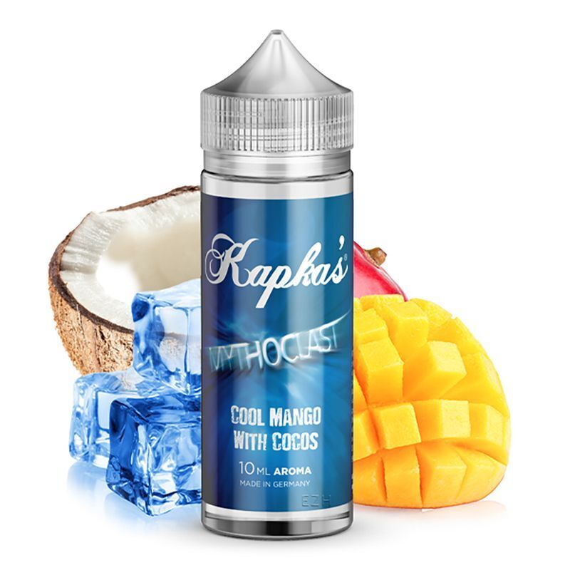 Aroma Mythoclast von Kapkas Kapkas Aroma Mythoclast Flasche mit blauem Etikett vor halber Kokosnuss, geschnittenem Mango und Eiswürfeln.