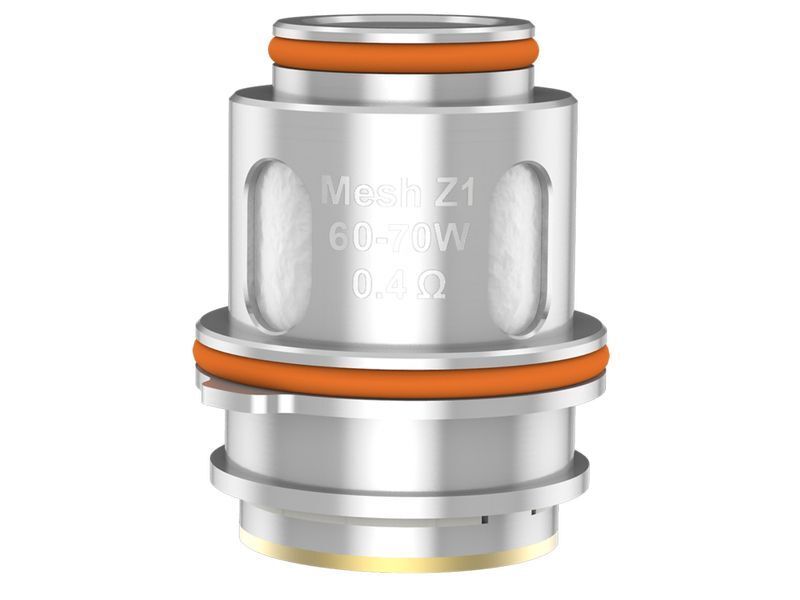 GeekVape Mesh Z1 0,4 Ohm Heads GeekVape Mesh Z1 Verdampferkopf aus silbernem Metall mit orangenen Dichtungen, Gravur mit "Mesh Z1 60-70W 0.4 Ω" sichtbar