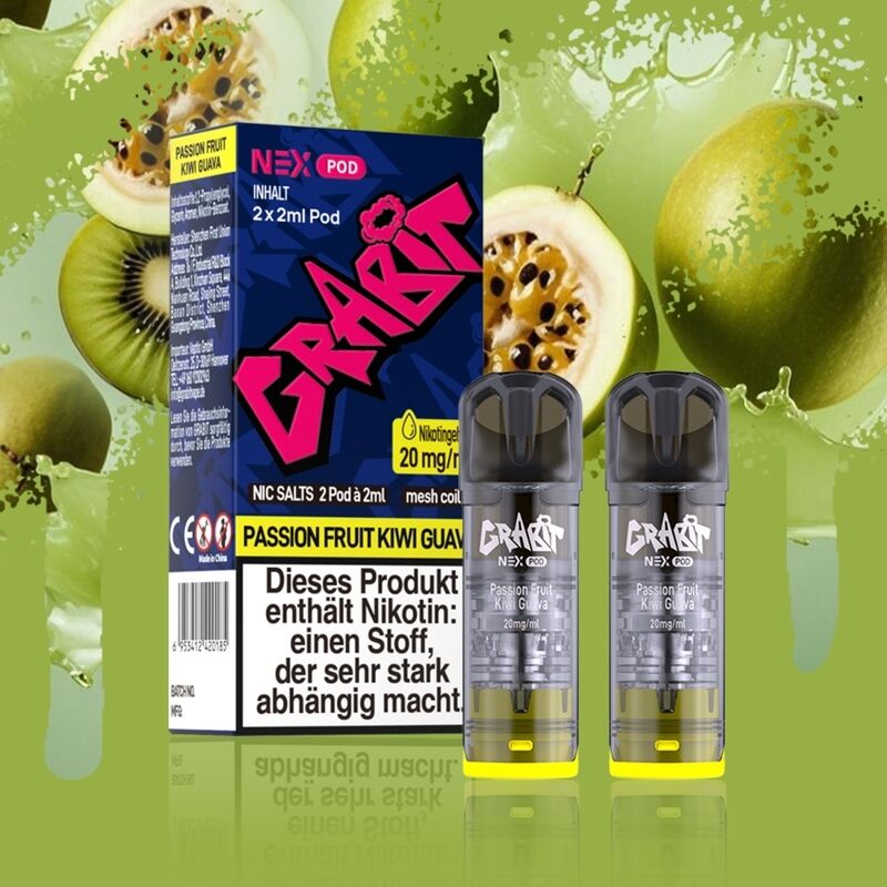 Grabit Nex Pods (2 Stück) Grabit Nex Pod Produktverpackung mit "Passion Fruit Kiwi Guava" Aroma, 20mg Nikotin, zwei Pods abgebildet vor Fruchthintergrund.
