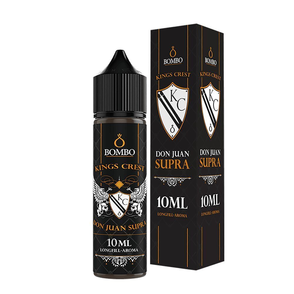 Kings Crest Aroma - Don Juan Supra Kings Crest Aroma - Don Juan Supra 10ml Longfill-Aroma-Flasche mit schwarzem Etikett, verziertem Wappen und c-förmigem Logo auf schwarzer Verpackung.