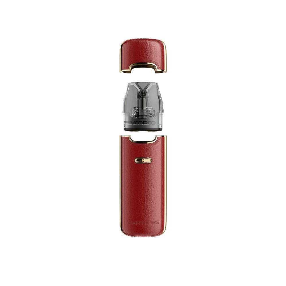 Voopoo Vmate E2 Pod Kit in Rose Red mit rotem Lederfinish, goldenen Akzenten und transparenter Pod-Cartouche, offen dargestellt.