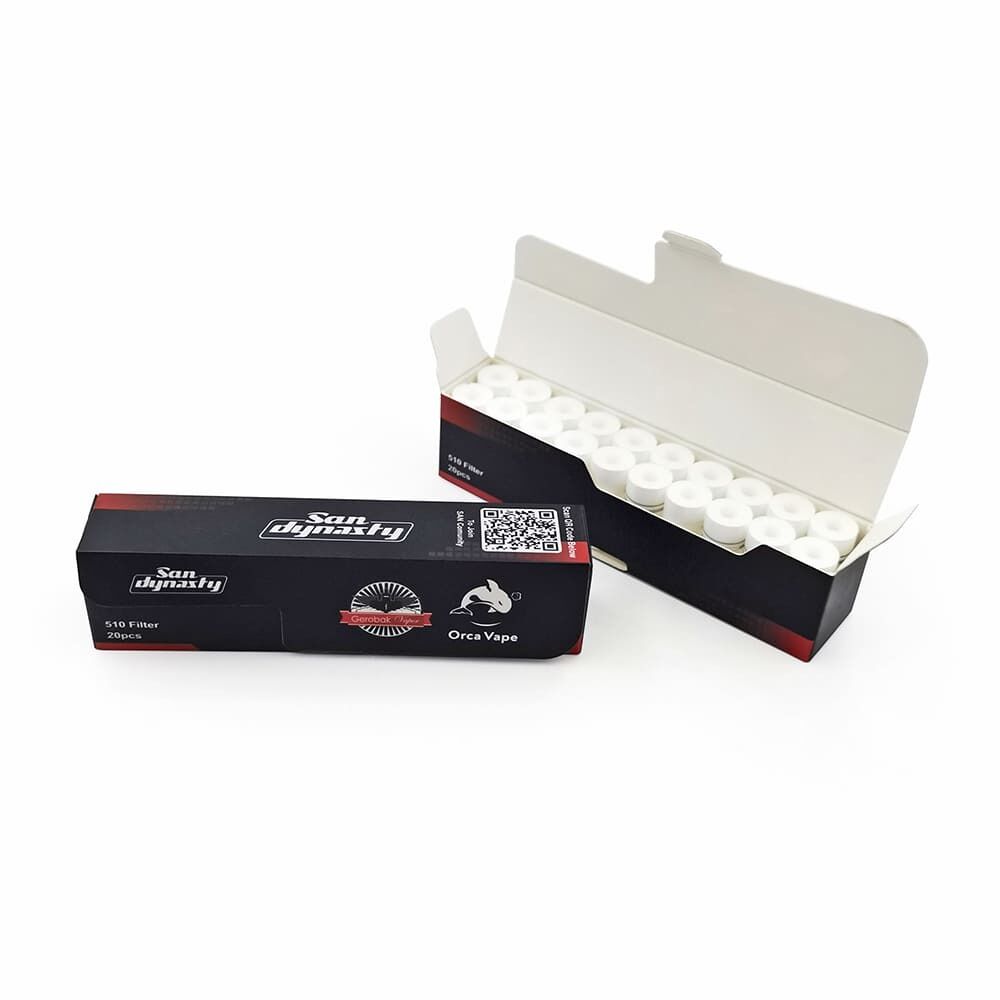 Orca Vape San Dynasty 510er Filter Orca Vape San Dynasty 510er Filter-Verpackung mit geöffnetem Karton, der weiße Filter zeigt, und geschlossener Schachtel mit Markenlogo.