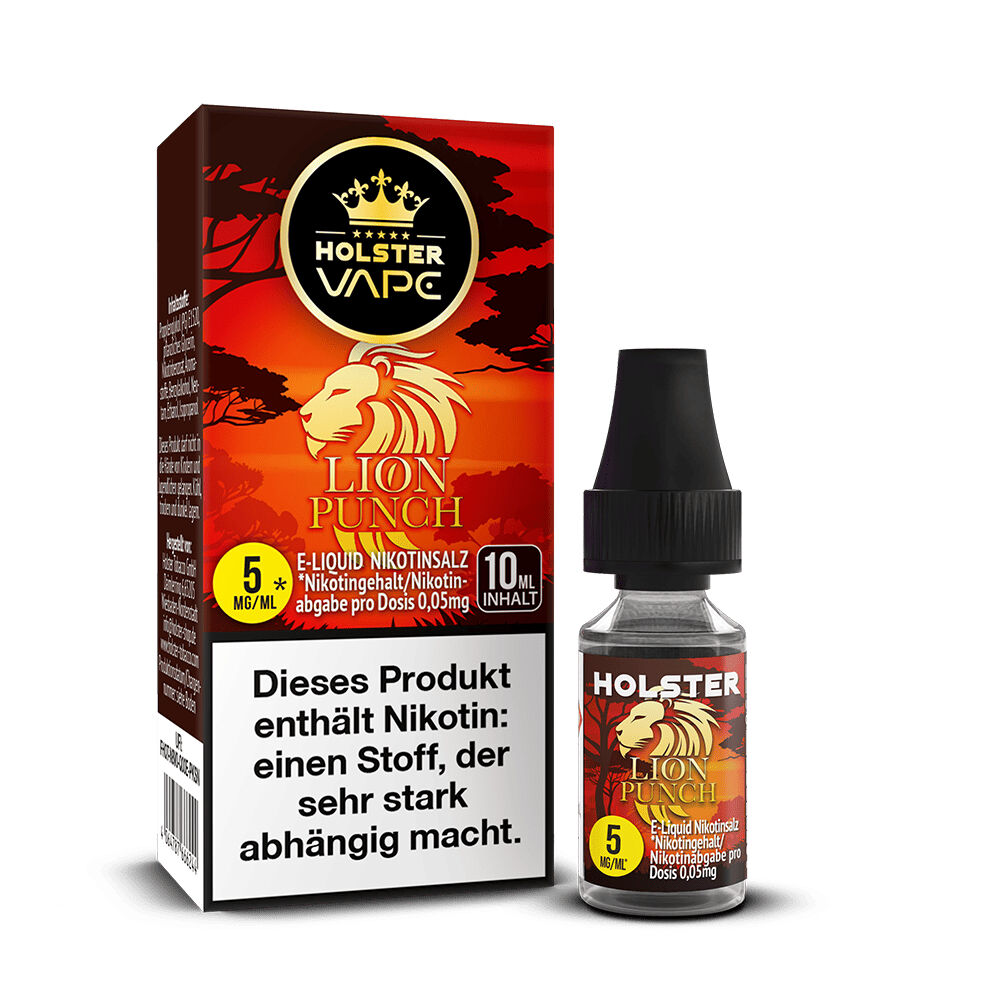 Holster Nikotinsalz - Lion Punch E-Liquid-Flasche und Verpackung von Holster Nikotinsalz Lion Punch 5mg mit Löwenmotiv und Warnhinweis über Nikotinabhängigkeit.