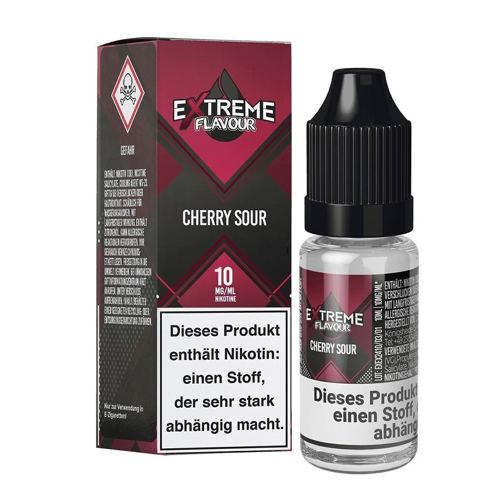 Liquid Cherry Sour 10mg - Extreme Flavour Extreme Flavour Nikotinsalz Cherry Sour 10 mg mit Verpackung, Flasche und Warnhinweis auf Abhängigkeit durch Nikotin.