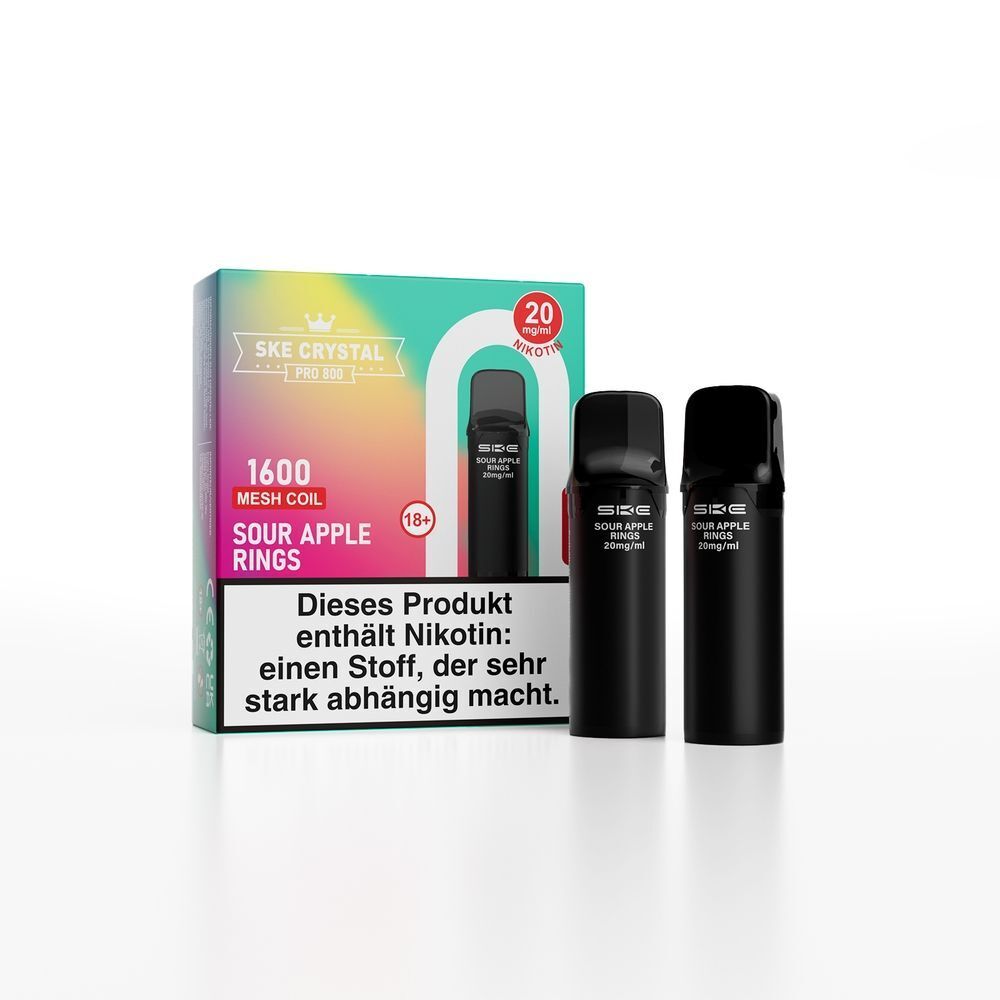 SKE Crystal 800 Pro Pods - Sour Apple Rings Zwei schwarze SKE Crystal Pro Pods Sour Apple Rings 20mg vor einer Verpackung mit farbigem Design und Nikotinwarnung.