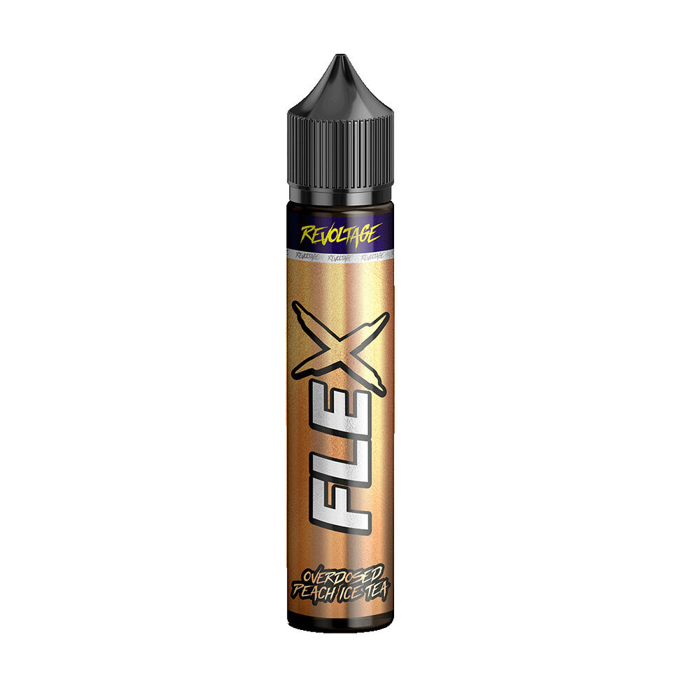 revoltage-flex-longfill-aroma-peach-ice-tea-7ml Revoltage Flex Longfill Aroma Flasche mit der Aufschrift FLEX, goldenes Design, schwarze Kappe, Geschmacksrichtung Peach Ice Tea sichtbar.
