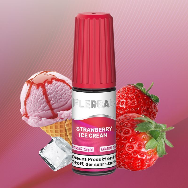 Liquid Strawberry Ice Cream von Flerbar Flerbar Nikotinsalz Strawberry Ice Cream in einer Flasche mit roten Früchten, Eiskugel und Eiswürfeln im Hintergrund